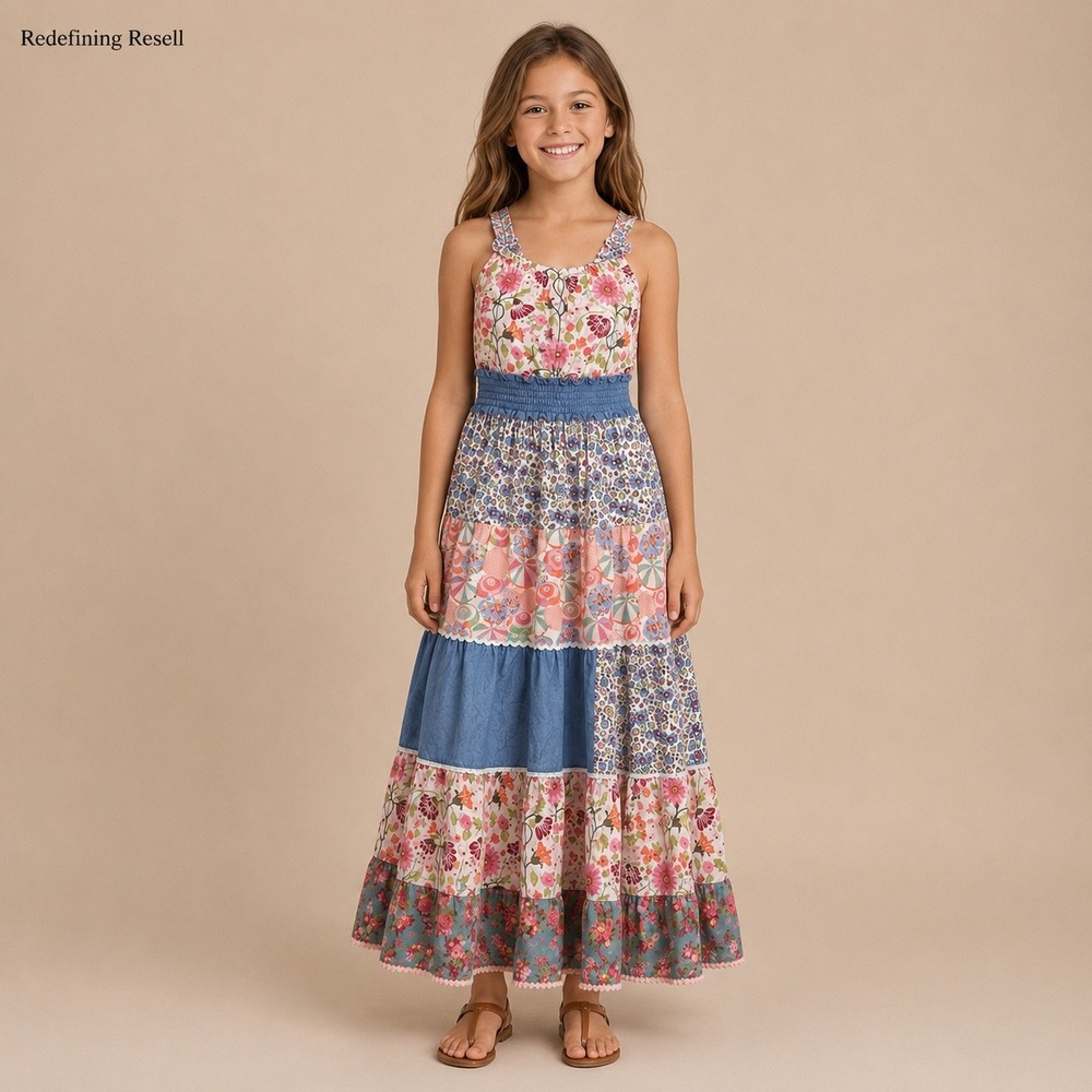 Matilda Jane Kids Floral Patchwork Tiered Maxi Dress Smocked Waist Size 10
